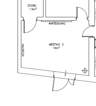 Meeting 2 floor plan with store and whiteboard layout at Menier Venues
