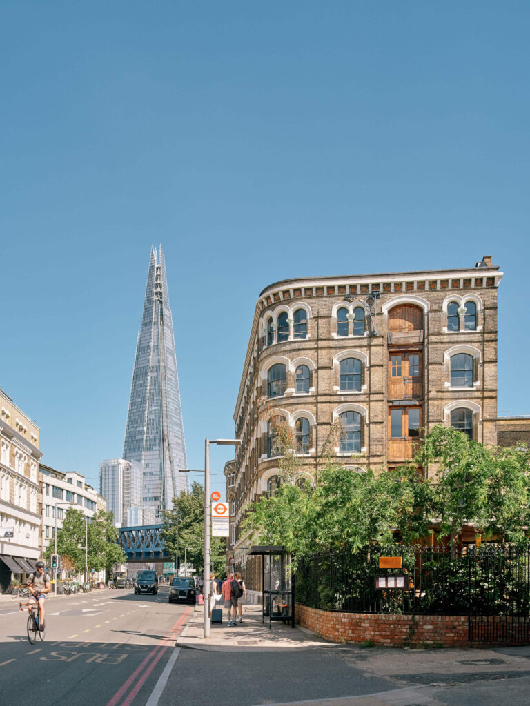 Menier Building street view in London with the Shard in the background