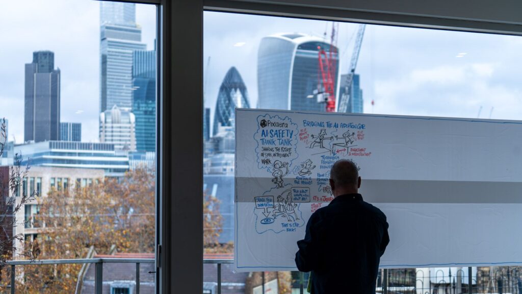 Facilitator writing notes on a glass whiteboard facing panoramic windows with a view of the London financial district skyline.